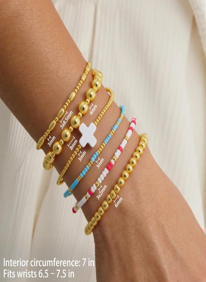 CARITATE Gold Bracelets for Women Waterproof, 14K Gold Plated Beaded Cross Bracelets Set,Boho Stretch Bracelets Stackable Jewelry for Women Teenage Girls Jewelry Christmas Gifts - Image 4